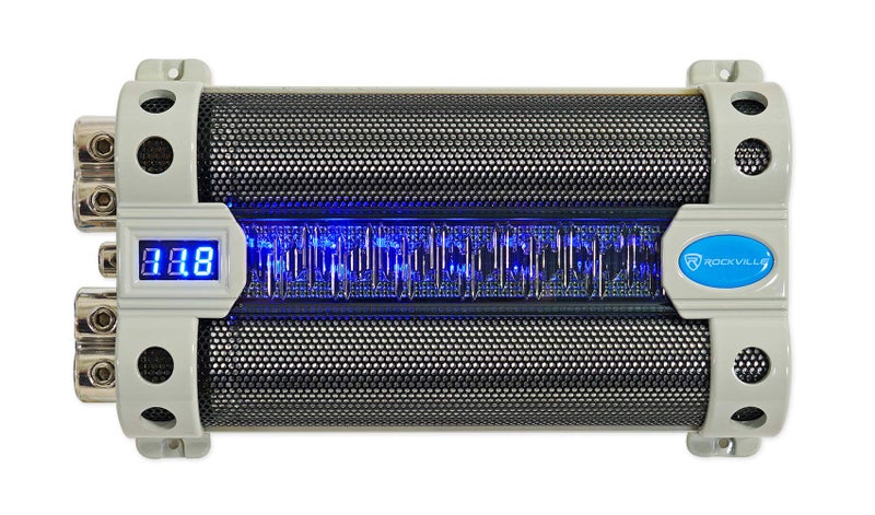 Rockville RFC50F v2 50 Farad Car Audio Capacitor, 3-Digit Super Bright Blue LED Voltage Display, Polarity Alerts, Heavy-Duty Terminals, for Car Audio Systems - Image 1